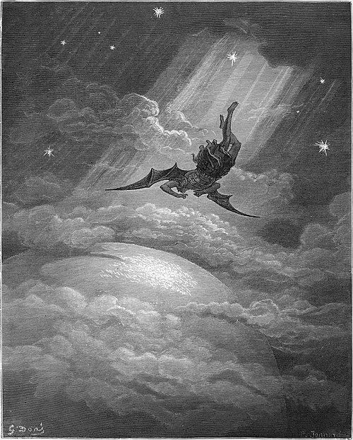 The figure of Satan - illuminated by a ray of light - plummets through space, in a drawing by Gustave Dore.