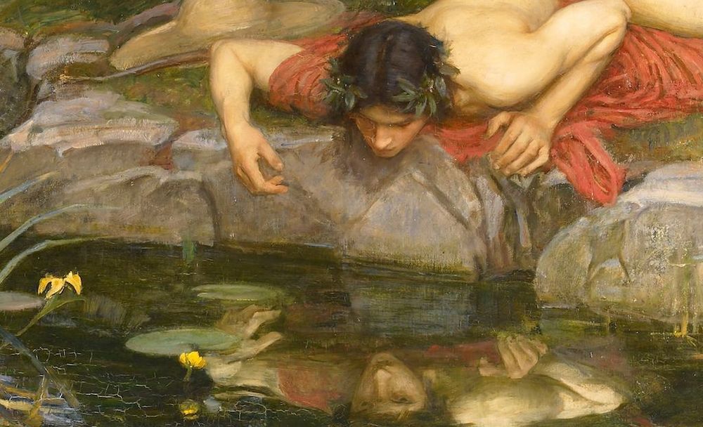 Painting of Narcissus leaning over some rocks and staring at his own reflection in a pool.