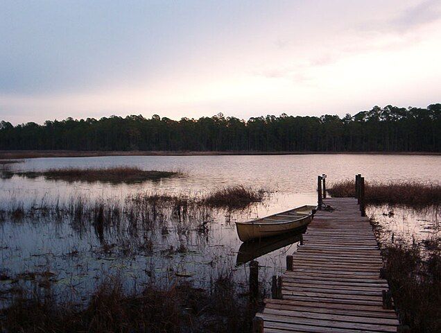 Wooden pier - with a small boat tied to it - jutting out into the marshy shallows of the St Johns River. Dusk is approaching, and on the other side of the river trees are silhouetted against the sky.