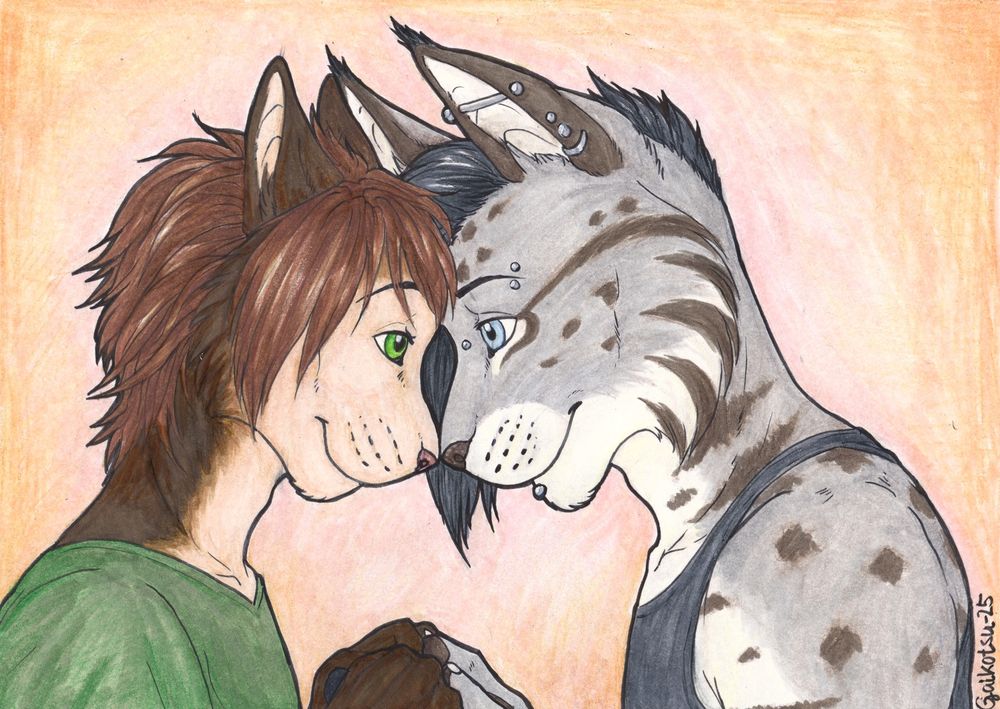 Two anthro felines looking into each other's eyes looking happy while holding hands. On the left side there is a brown house cat Lei and and on the left side grey lynx Rain.