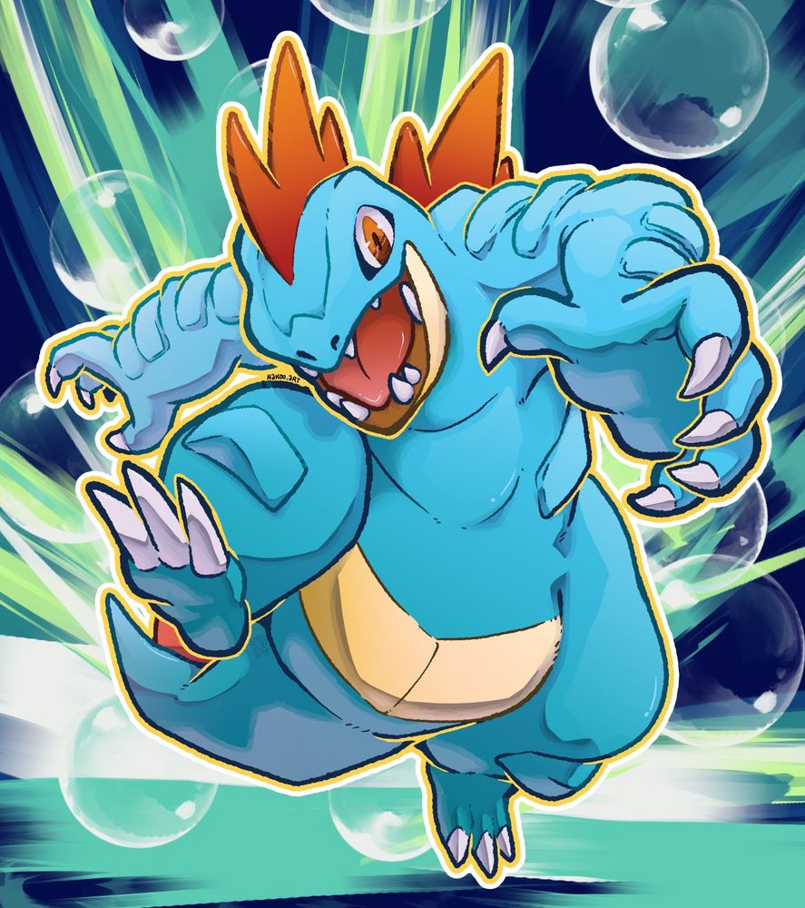 The Pokémon Feraligatr on a blue and teal background