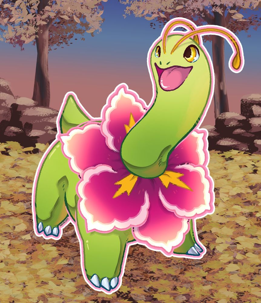 The Pokémon Meganium on a path with trees in the background
