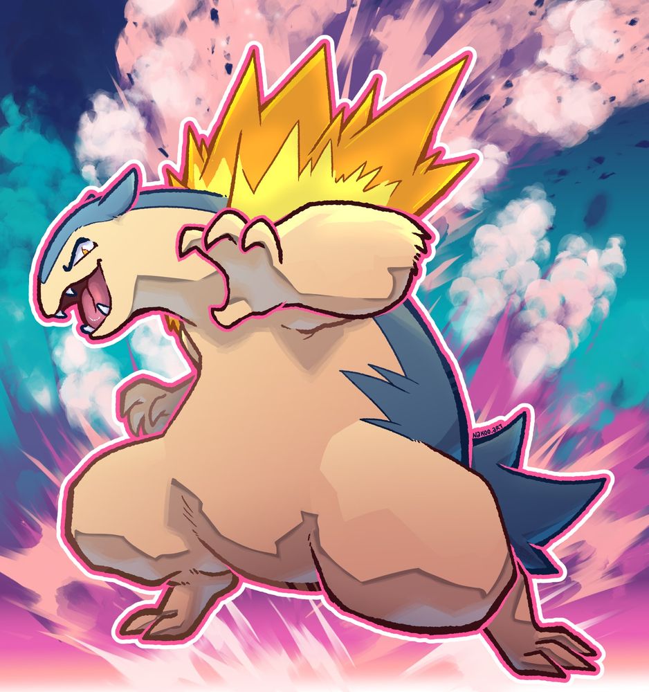 The Pokémon Typhlosion on a pink and blue background