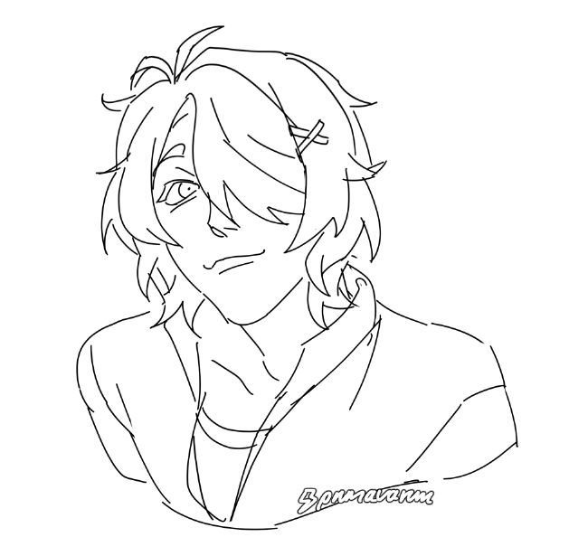 Bust-up sketch of a character looking curiously at the camera
