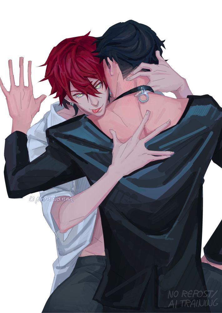 An illustration of Akane and Kurono from DIG-ROCK, one of them pressed up against the wall and dipping his fingers under the other’s choker that resembles a collar.