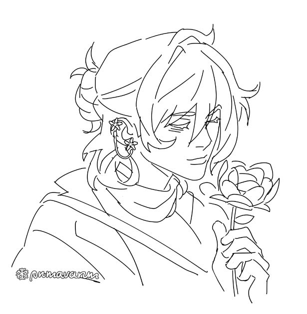 Bust-up sketch of a character sniffing a flower
