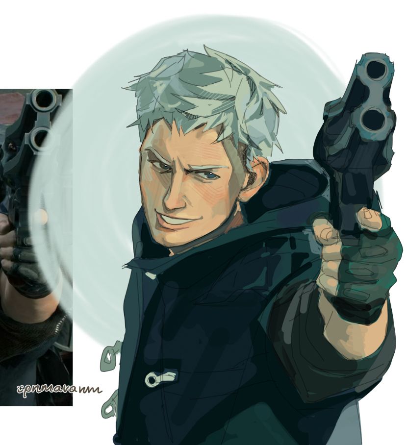 Redraw of a screenshot from DMC5, featuring Nero pointing a gun.