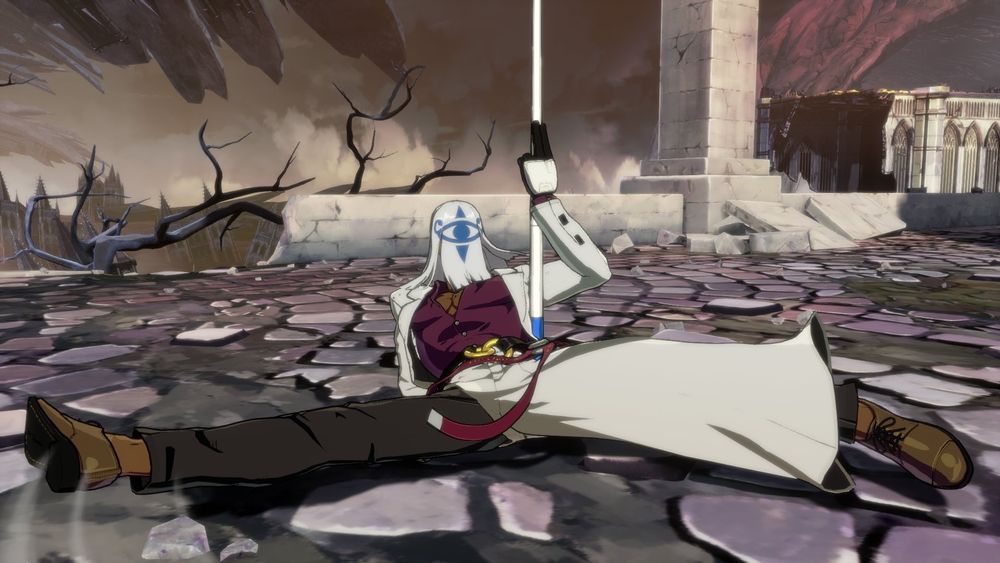 An in-game still of Venom in Guilty Gear Strive, swooshing his legs about in a flamboyant fashion.