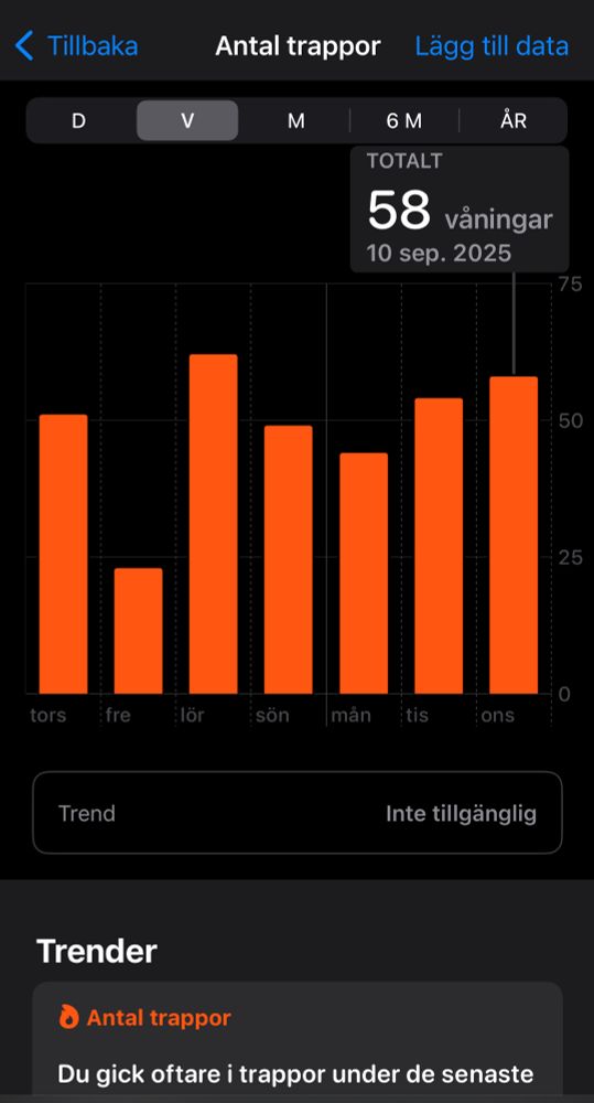 Skärmdump över antalet trappor, 58 så här långt idag.