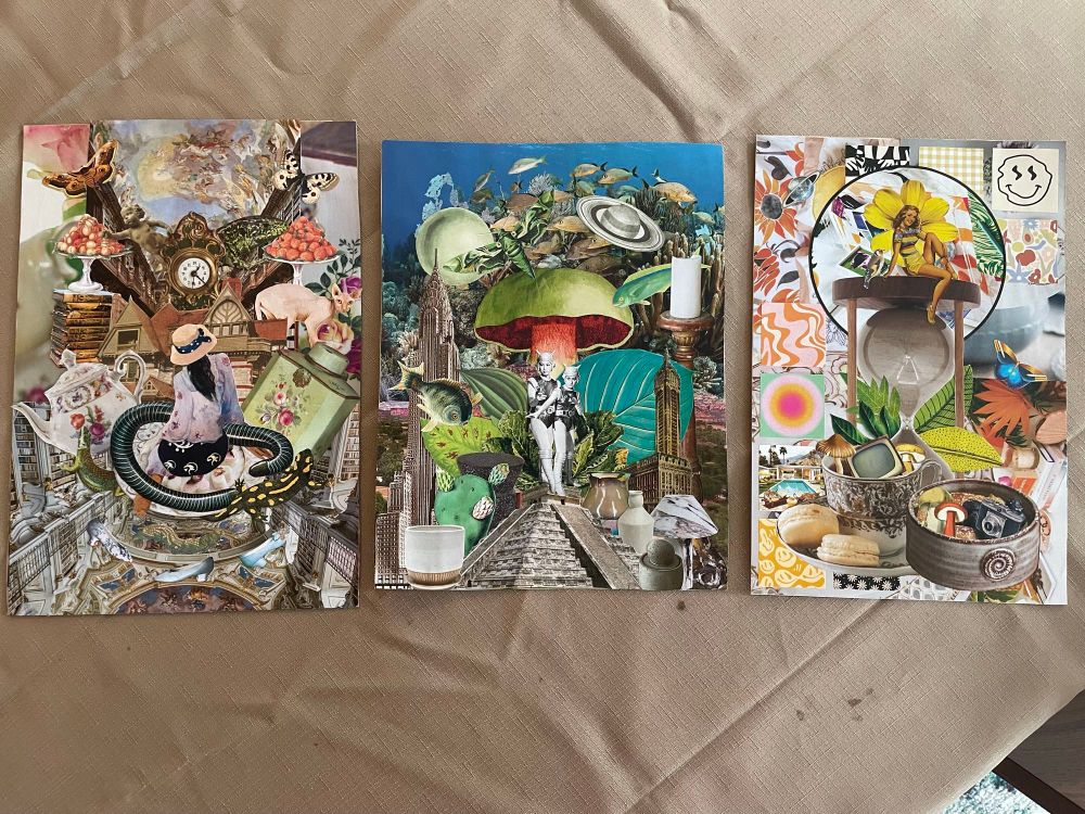 Three collages on a messy beige table cloth