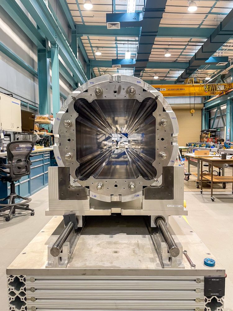 The shell and yoke structure of one of the new superconducting magnets being assembled in Berkeley Lab Engineering Building 77 for the High-Luminosity Large Hadron Collider (HL-LHC) at CERN. 