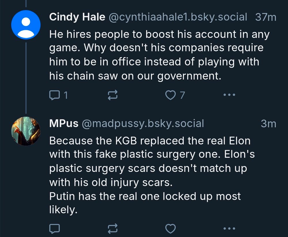 a poster named "Cindy Hale" saying "He hires people to boost his account in any game. Why doesn't his companies require him to be in office instead of playing with his chain saw on our government."

a poster named "MPus" with the handle "mad pussy.bsky.social" replies "Because the KGB replaced the real Elon with this fake plastic surgery one. Elon's plastic surgery scars doesn't match up with his old injury scars.
Putin has the real one locked up most likely."