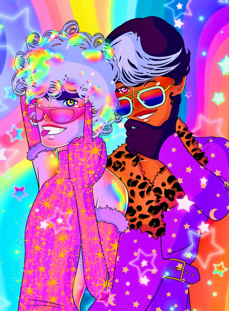 Two brightly colored digitally illustrated characters. On the left the character has white, rainbow hued hair and wears a pink sparkly jumpsuit with gloves. In the right the character has brown and white streaked hair, wears aviator sunglasses and a leopard and star print purple jacket. There is a rainbow background with star effects.