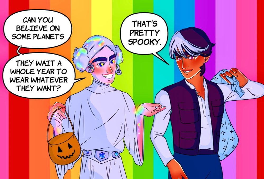A humorous comic panel showing two characters talking. One says "can you believe on some planets, they wait a whole year to wear whatever they want?" The other character responds, "that's pretty spooky."