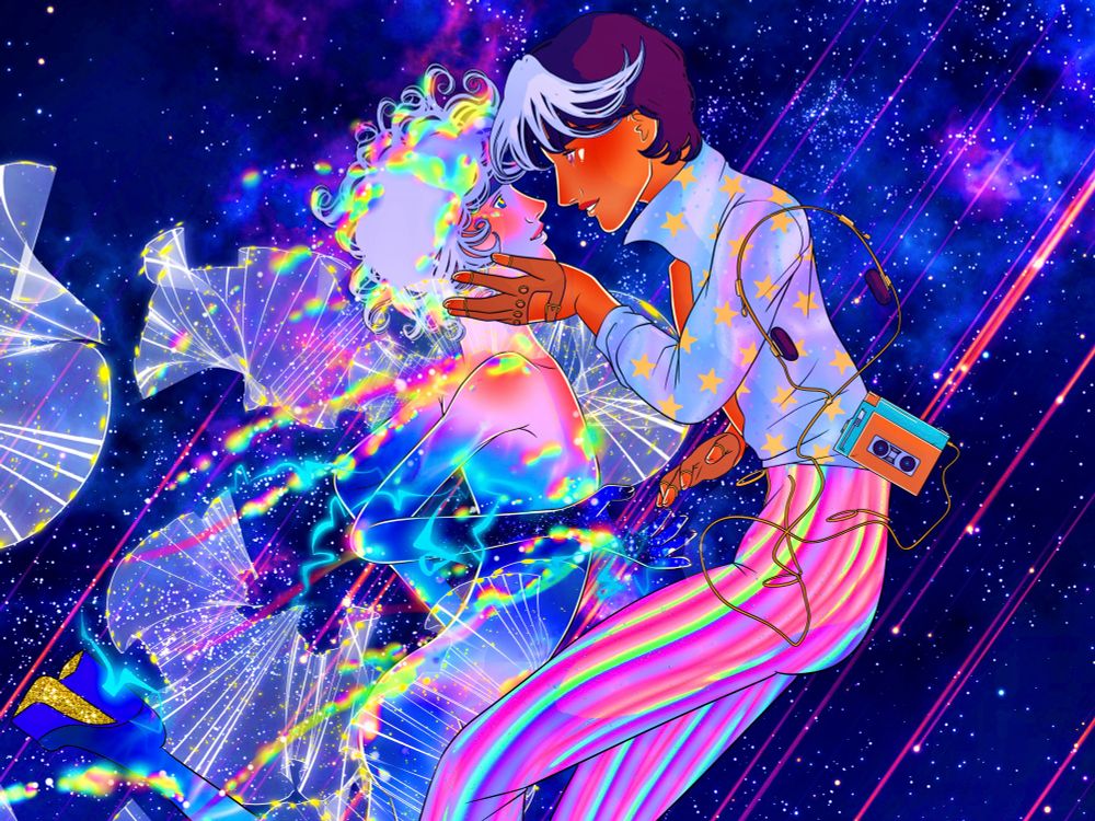 A digital illustration featuring two characters floating against a cosmic background. One character is glowing blue with rainbow highlights and has white curly hair. White sparkly ruffles float behind them. The other character wears a star pattern button up shirt and has white and black hair. 