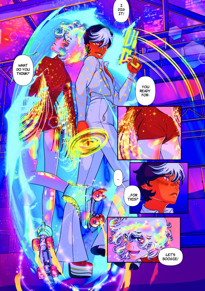 Two digitally illustrated characters stand under vibrant, multicolored lights. One character, with curly hair and wearing a sparkling red outfit with roller skates. The second character, with white-streaked hair, and a white jacket, holds a glowing neon gun. Bright neon trails and sparkles swirl around them.
