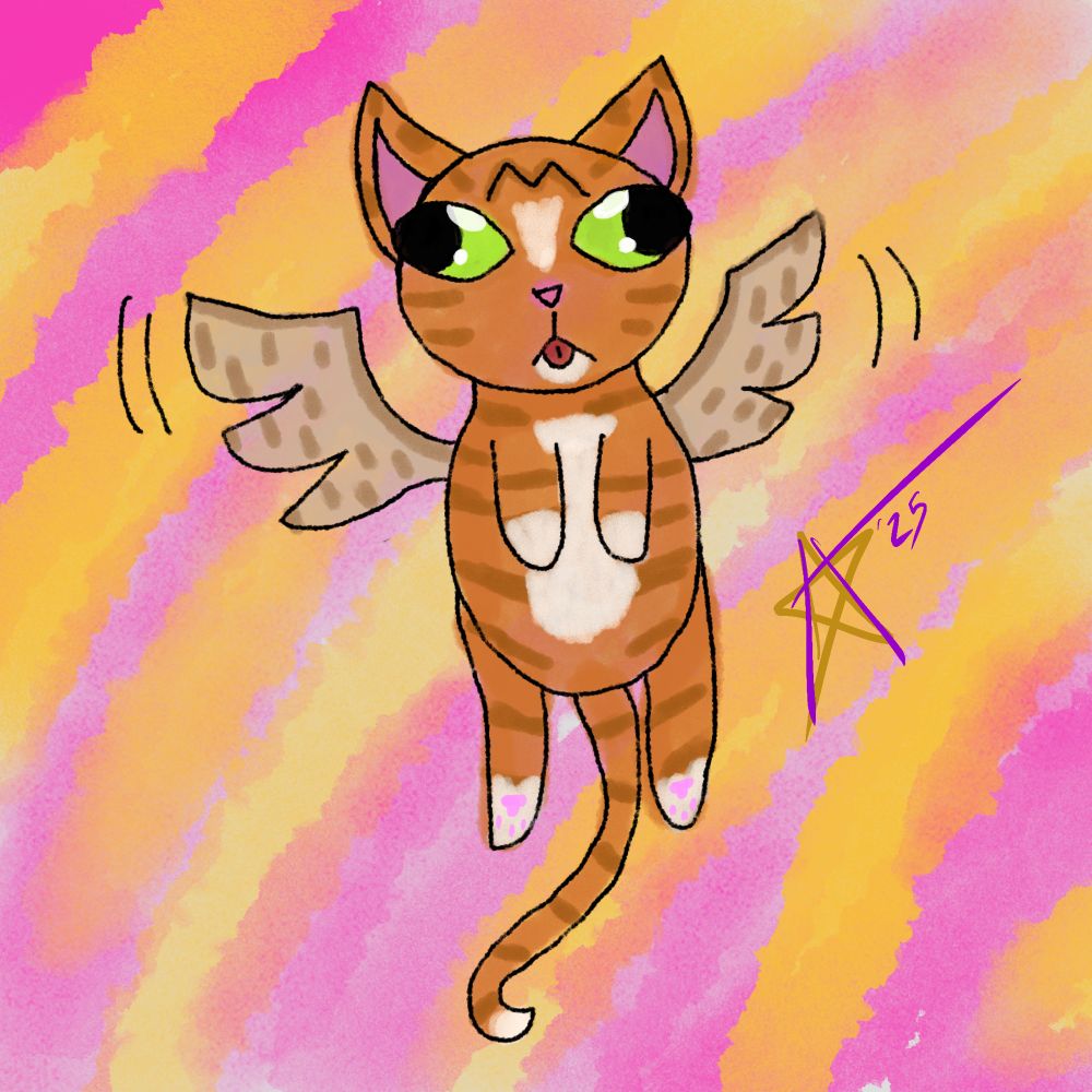 And Orange cat with white tips and socks and little tawny wings fluttering in mid-air. His eyes are huge and green, staring in two different directions with his lil tongue out, suggesting there are no thoughts in that here head. His paws and tail hang relaxed, the only thing keeping him up are the beat of those tiny ass wingies.

The background is hot pink and gold watercolor streaks.
