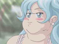 fat anime babe with blue hair, looking off to the side dreamily while blushing