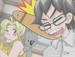 anime guy getting struck with a boomerang, as a chubby blonde lady in the background with a pet koala giggles at his misfortune
