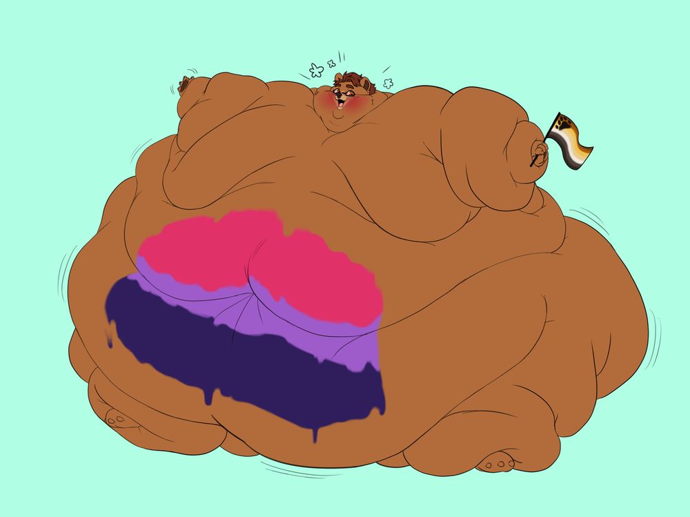 A fat bear, as wide as he is tall, walking along and waving to you. He has a bisexual pride flag painted on his belly, and is clutching a Bear Pride flag. He's happy to see you!!