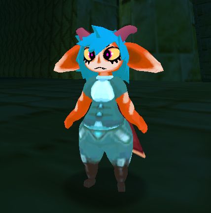 an imp from the game atlyss, with blue fluffy hair, orange skin, horns, and a figure-hugging teal outfit