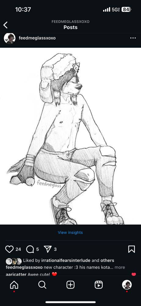 Screenshot of art instagram post, emo wolf furry shirtless with skinny heads on