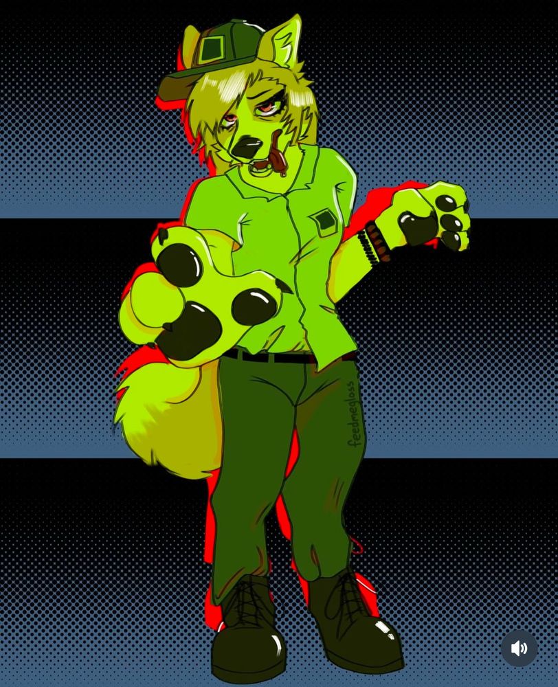 Very green fanart of zombie-esque mailpup with a neon red backing and 3 stippled gradients behind her