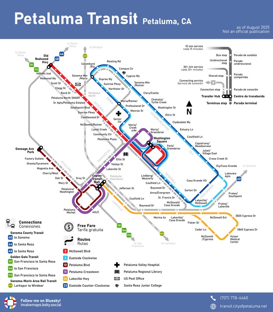 A diagram of the five bus routes that serve Petaluma, CA.