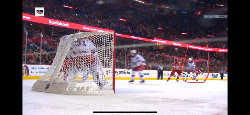 Circled: Carson Soucy, a defenseman, not defending in the defensive zone. 