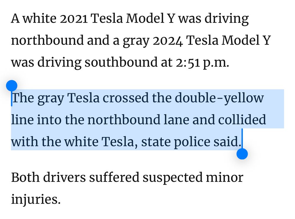 Highlighted text indicates that a gray Tesla crossed the double-yellow line into oncoming traffic, as Teslas are wont to do. 