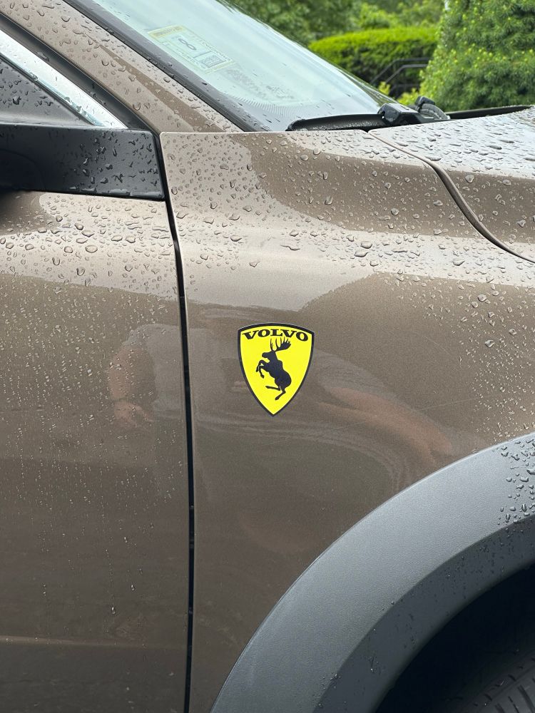 Prancing Moose emblem, similar to Ferrari’s, over brown paint. 