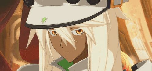 a close up of a cartoon character with white hair and a hat