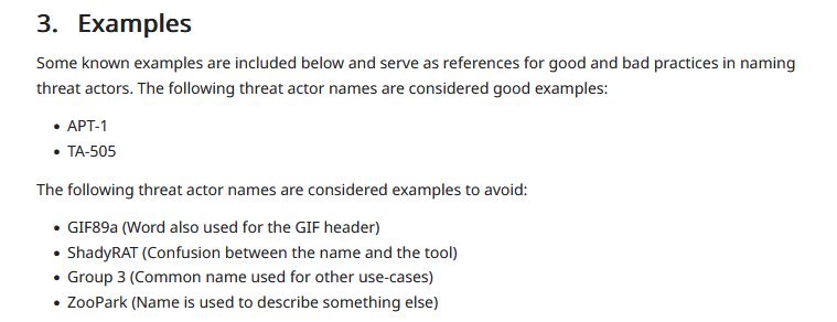 Examples of threat actor names to use and to avoid