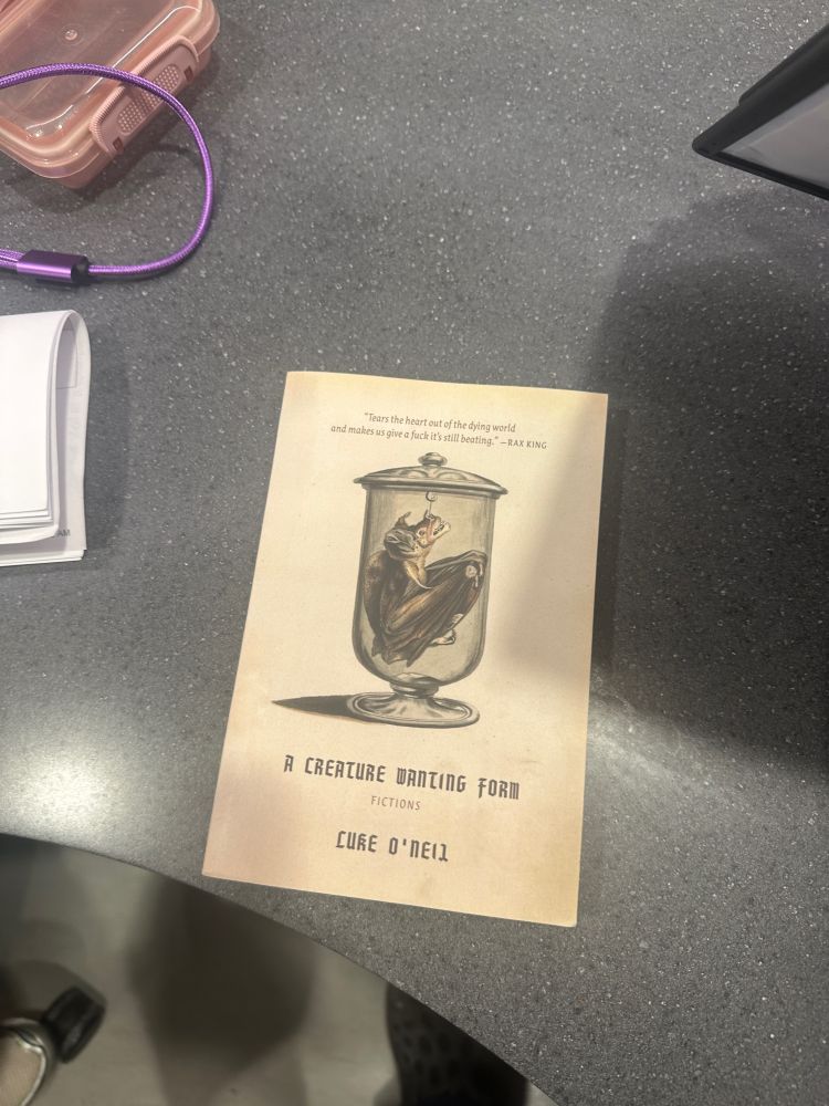 Photo of the book "A Creature Wanting Form" by Luke O'Neil on a desk