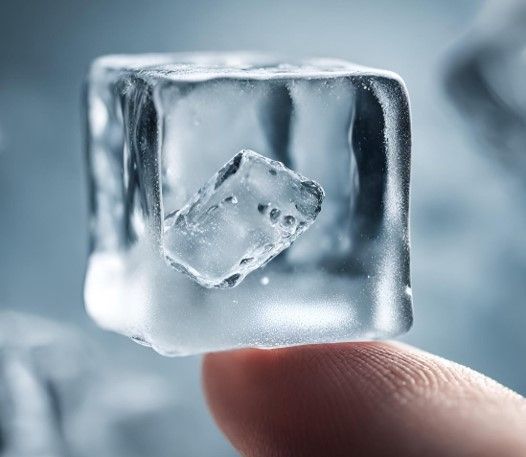A square block of ice rests on a finger.