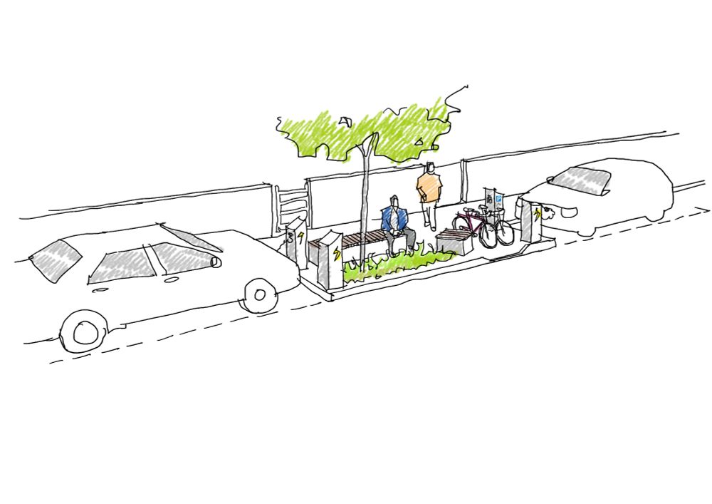 Sketch of a parklet replacing a parking space with charge points, seat, cycle parking and planting