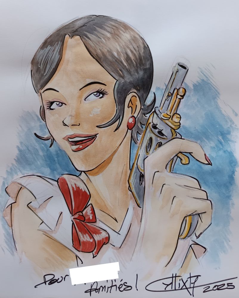 Mort sur le Nil aquarelle. Portrait de Jackie avec son revolver.