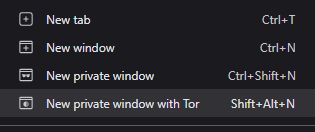 Screenshot of the Brave browser, 'New private window with Tor' is highlighted.

Shift + Alt + N keyboard shortcut.