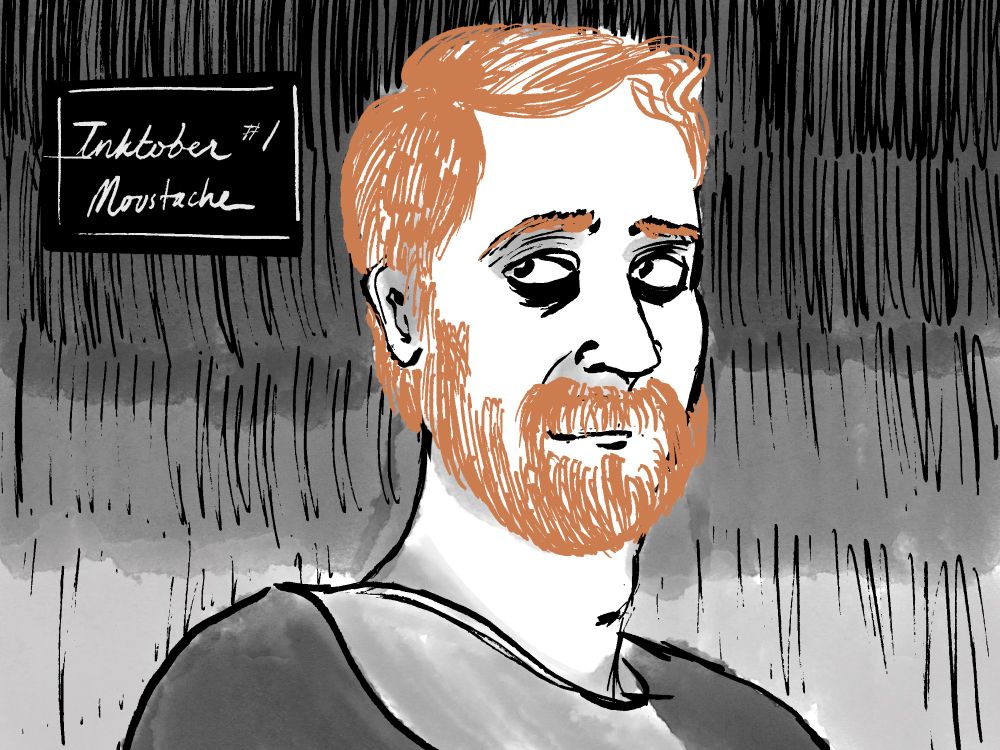 Inktober 1: moustache
A man with orange hair and moustach in front of hatching