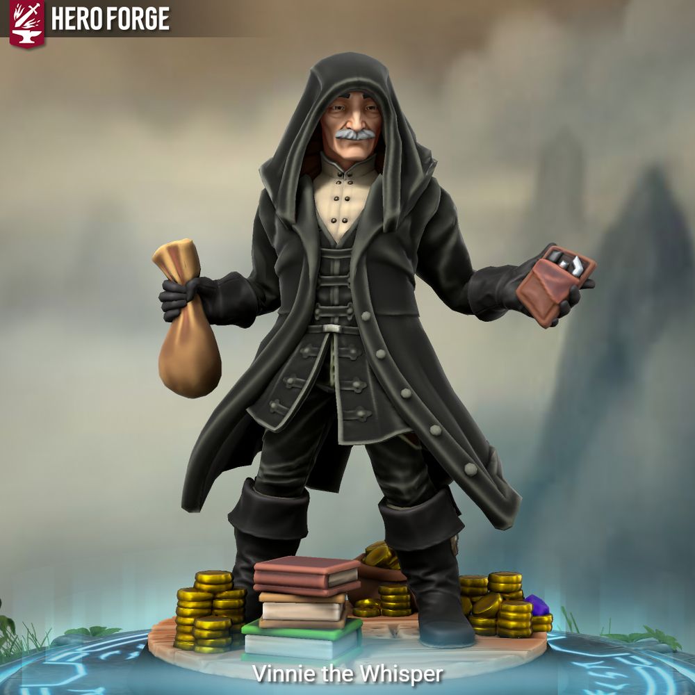 An old man with a grey moustache wearing fancy black clothes. He's surrounded by coins and books, holding a bag in one hand and a pouch containing several lockpicks in the other.