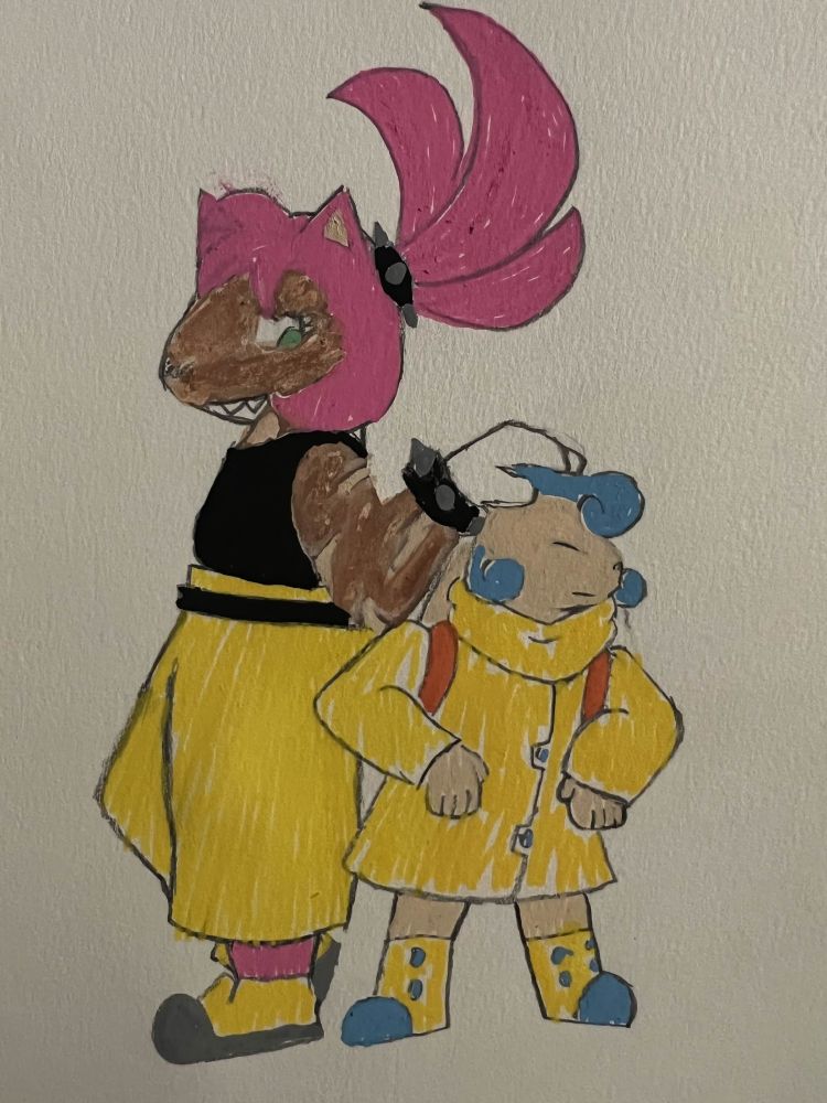 Surge and Kit from my System Shock AU. Surge is a pink hedgehog wearing her typical outfit and haircut, with Amy's bangs. Kit is a rabbit with curly blue highlights and a big, yellow raincoat. 