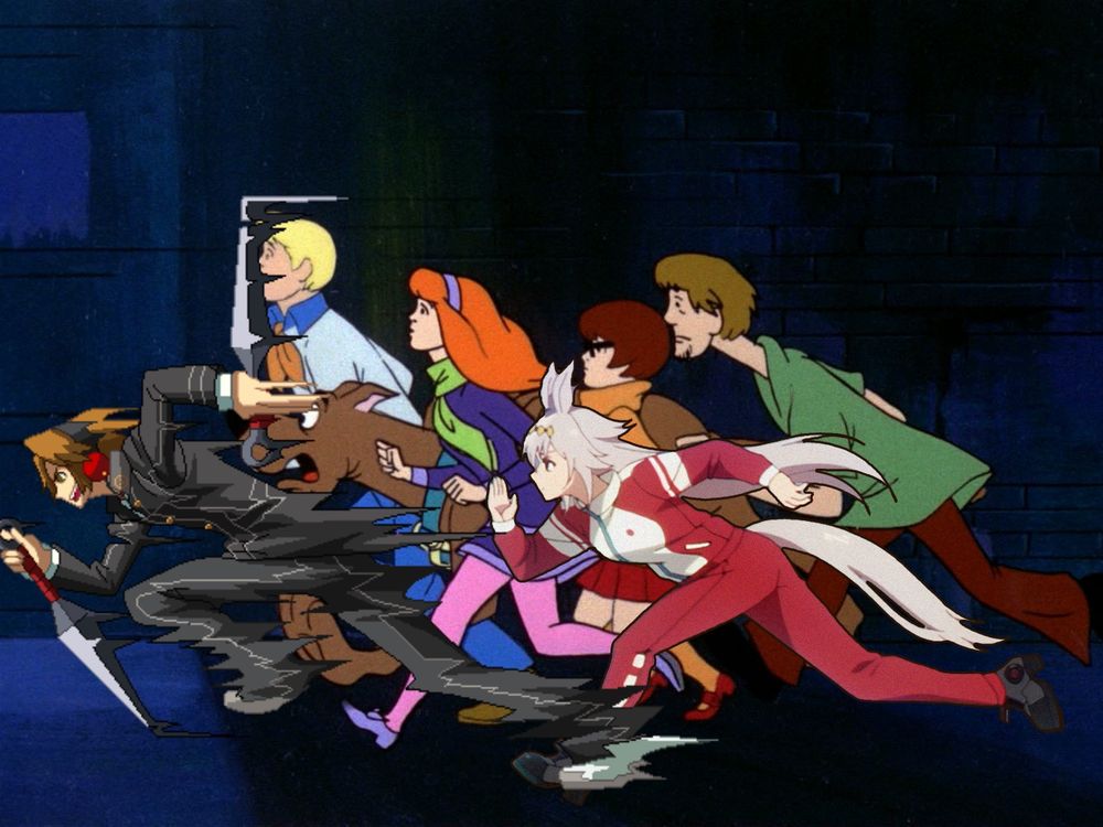 The image of the scooby doo cast and oguri cap running… but I added Yosuke from BlazBlue Cross Tag Battle/Persona 4 Arena