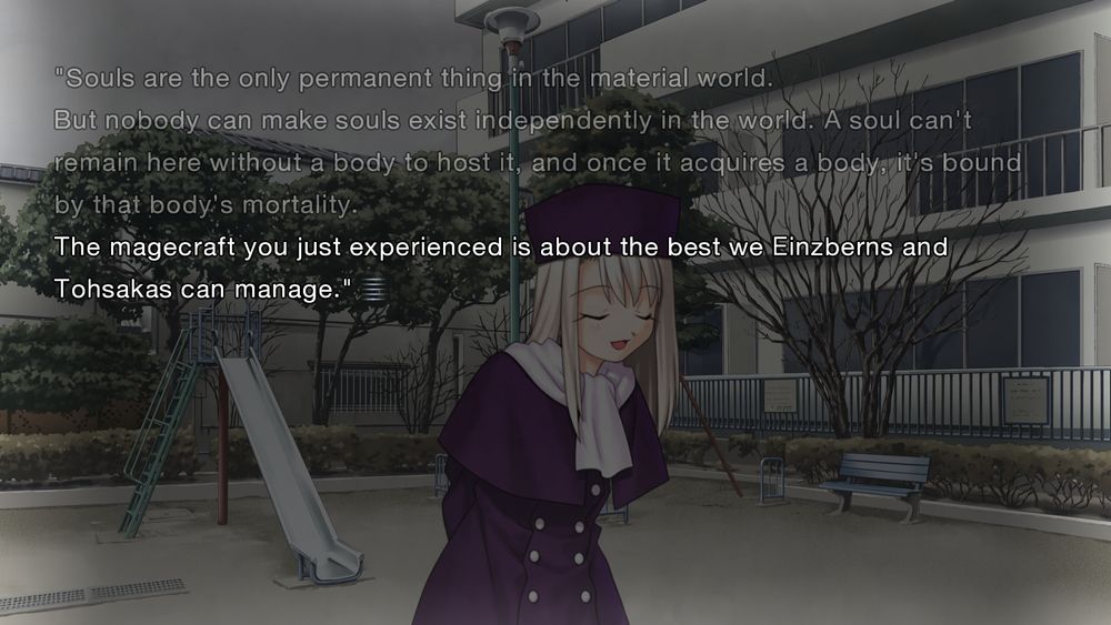Illya: "Souls are the only permanent thing in the material world. But nobody can make souls exist independently in the world. A soul can't remain here without a body to host it, and once it acquires a body, it's bound by that body's mortality. The magecraft you just experienced is about the best we Einzberns and Tohsakas can manage."