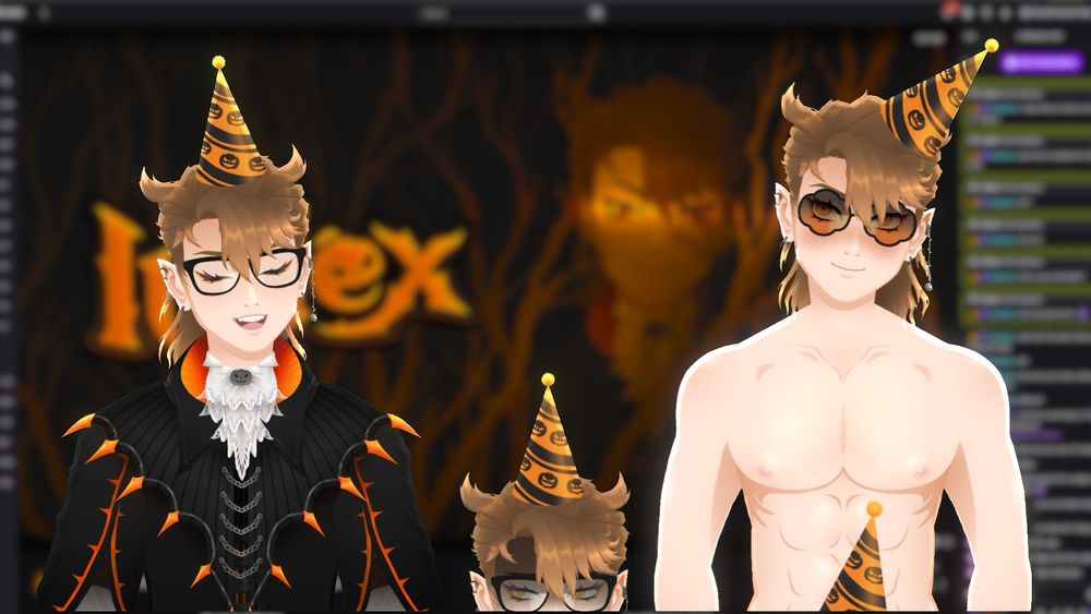 An edited screenshot of the Vtuber Iudex standing in with his Twitch page as his background. 3 Iudex clones stand on stream, one normal version with a party hat, one sneaking down below at the base of the screen, and a third shirtless version.