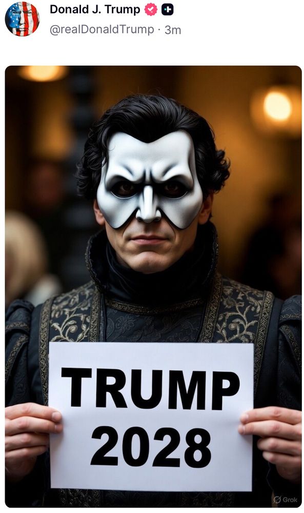 Donald Trump shared an AI slop pic on Truth  Social of a guy in an Eyes Wide Shut mask holding up a piece of paper that says “Trump 2028”
