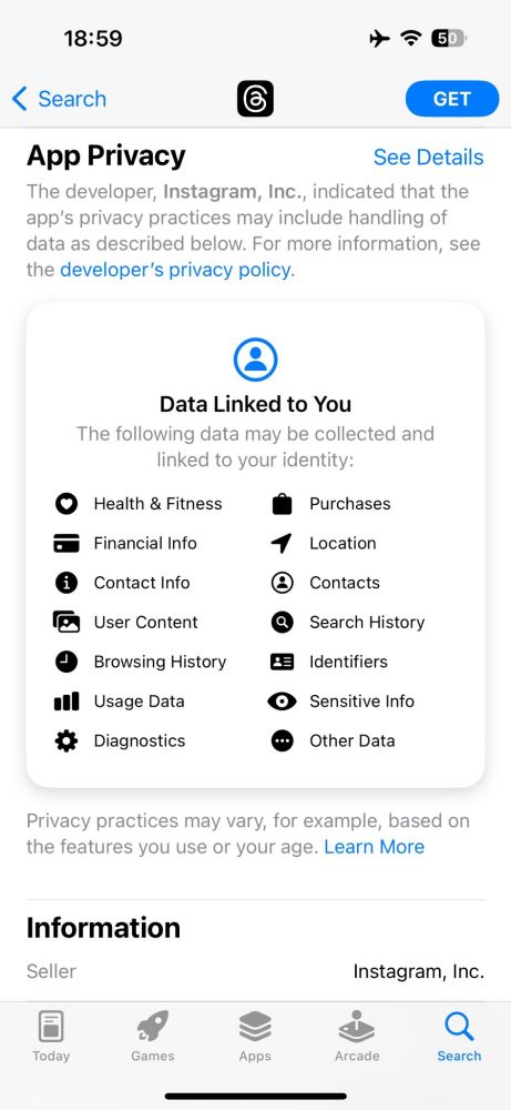 A list of all the data want to do the threads app will own. It also tells you the Instagram is the owner of the app.