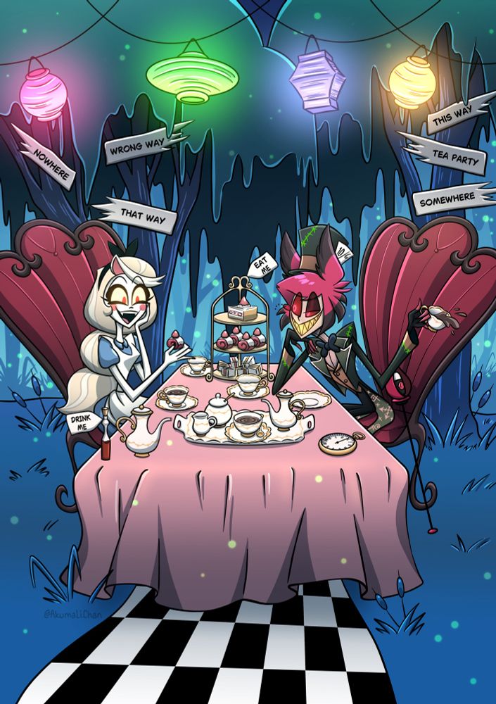 A illustration of Alastor and Charlie from Hazbin Hotel sitting at a large table with a tea set and snacks in Alastor’s bayou. They’re dressed as the Mad Hatter and Alice from Alice In Wonderland and the mayor has been turned into a mad tea party. 