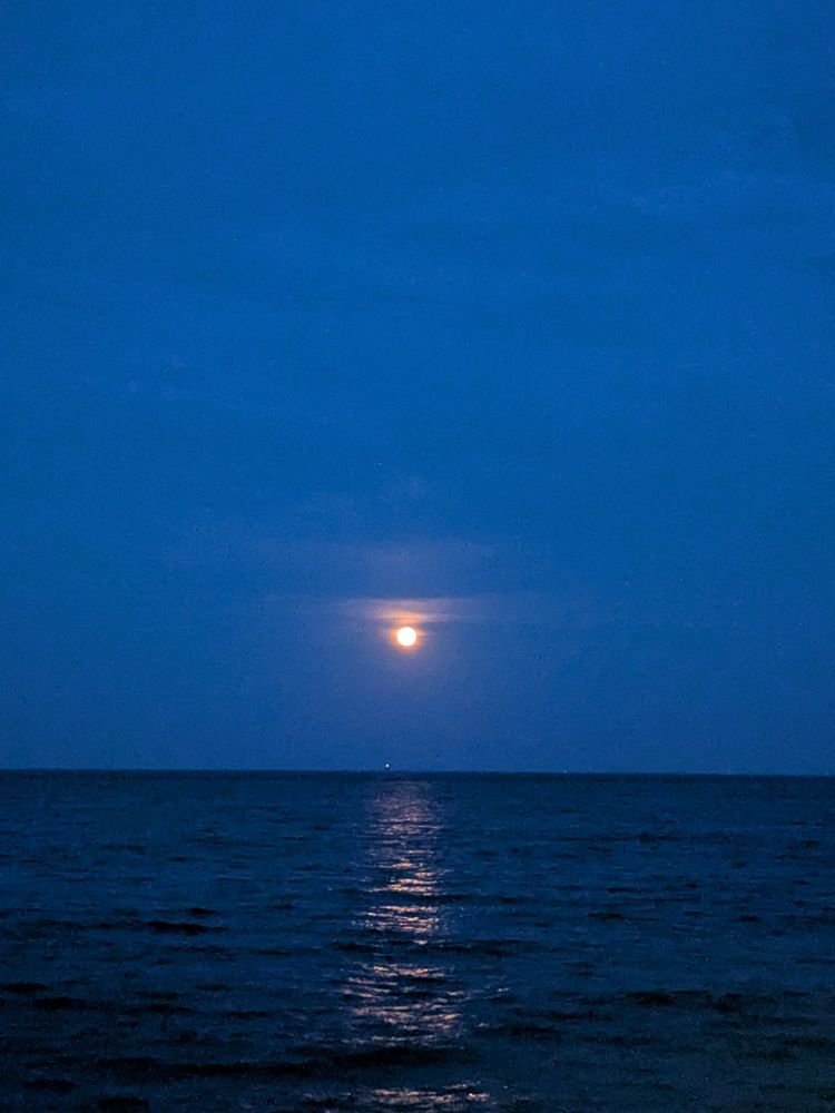 A phone camera photo of a red full moon over Lake Michigan at night with dark blue waters under a lighter but still dark blue sky.