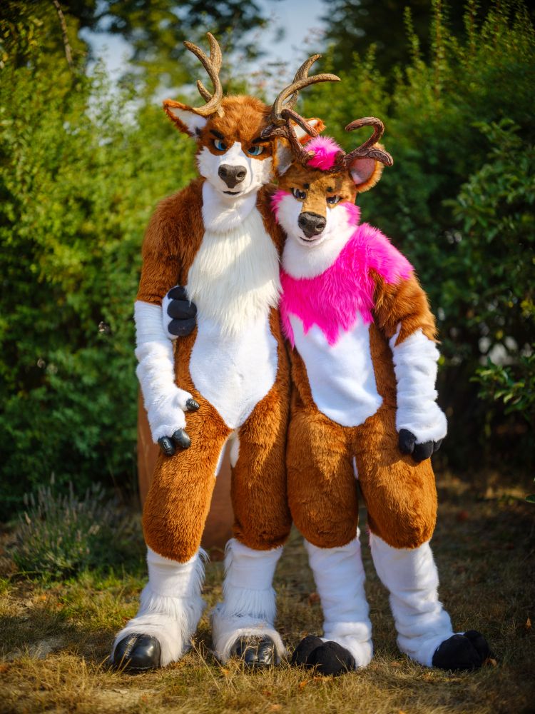 Two deer fursuiter in front of bushes looking into the camera.