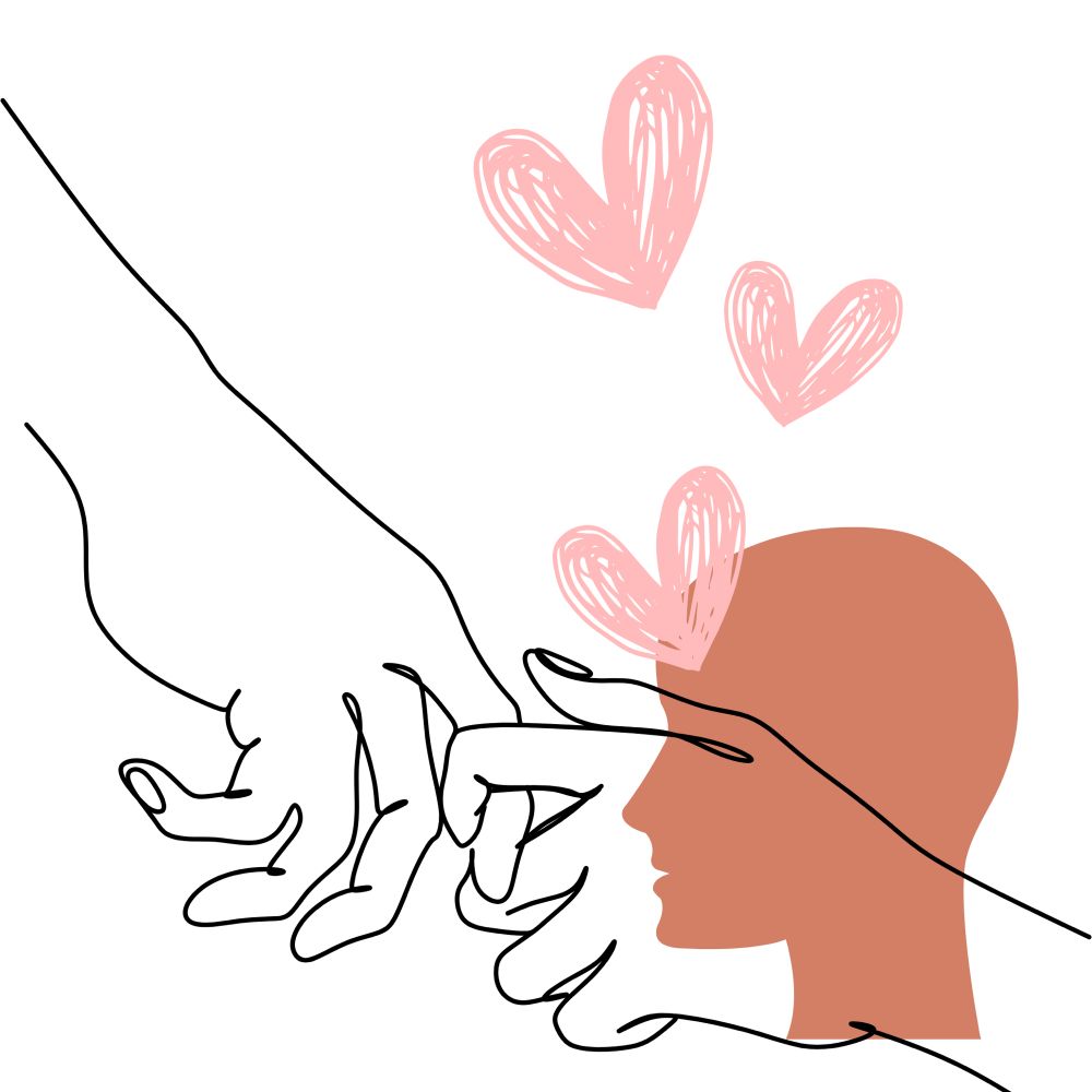 An illustration of head, hands and three pink hearts
